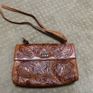 Flores Brown Leather Handbag Vintage Mexican Hand Tooled Leather handbag